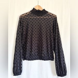Sheer Velvet Black Polkadot Long Sleeve Turtleneck Shirt - stretchy - Size XL